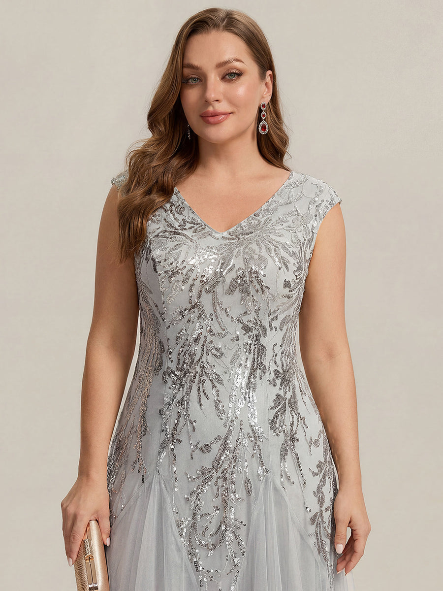 pretty FREYA|Plus Size Glitter High Stretch Cap Sleeve Tulle Mother of the Bride Dress