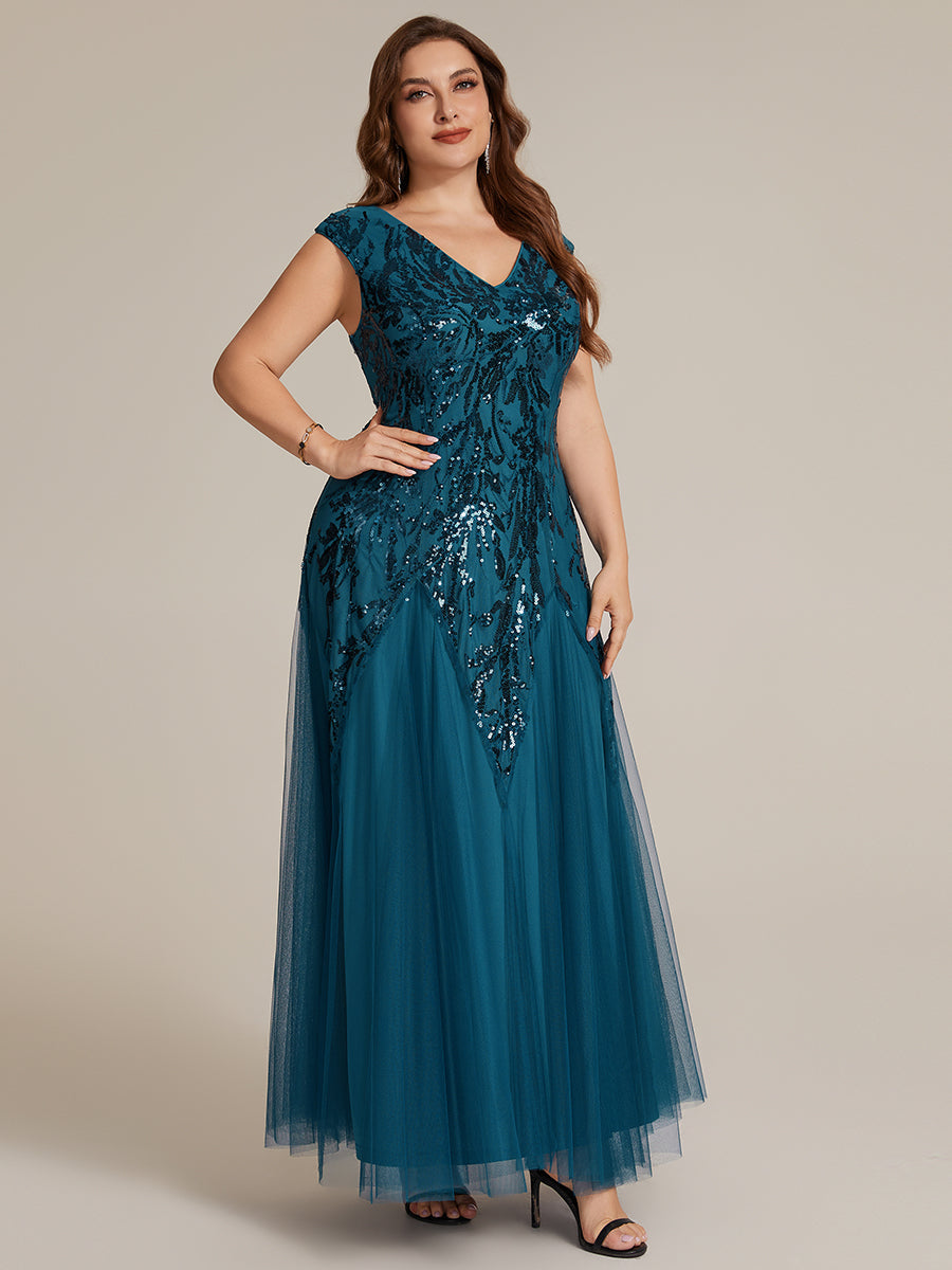 pretty FREYA|Plus Size V-Neck Sequin High Stretch Cap Sleeve Tulle Formal Dress