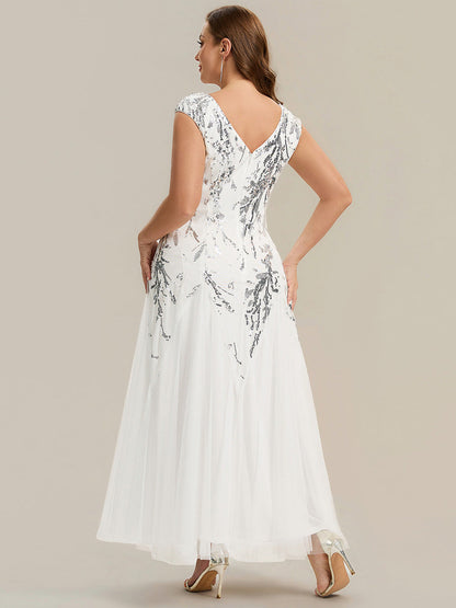 pretty FREYA|Plus Size V-Neck Sequin High Stretch Cap Sleeve Tulle Formal Dress