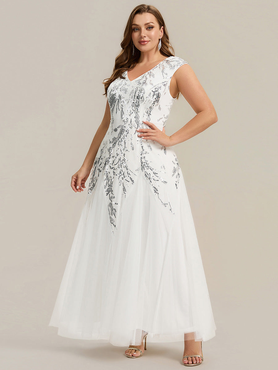 pretty FREYA|Plus Size V-Neck Sequin High Stretch Cap Sleeve Tulle Formal Dress