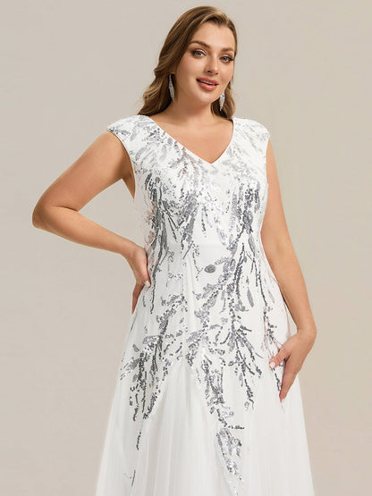 pretty FREYA|Plus Size V-Neck Sequin High Stretch Cap Sleeve Tulle Formal Dress