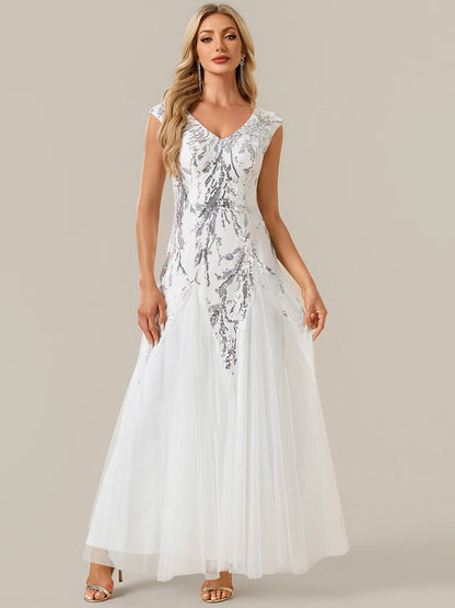 ever FREYA|Embroidered Sequin Cap Sleeve High Stretch Evening Dress