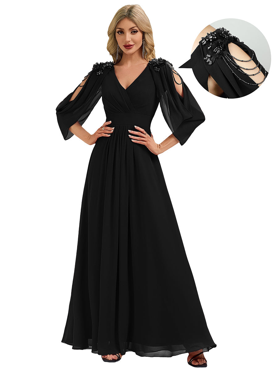 ever LOLA|Floral Chiffon Shoulder-Drape Evening Dress