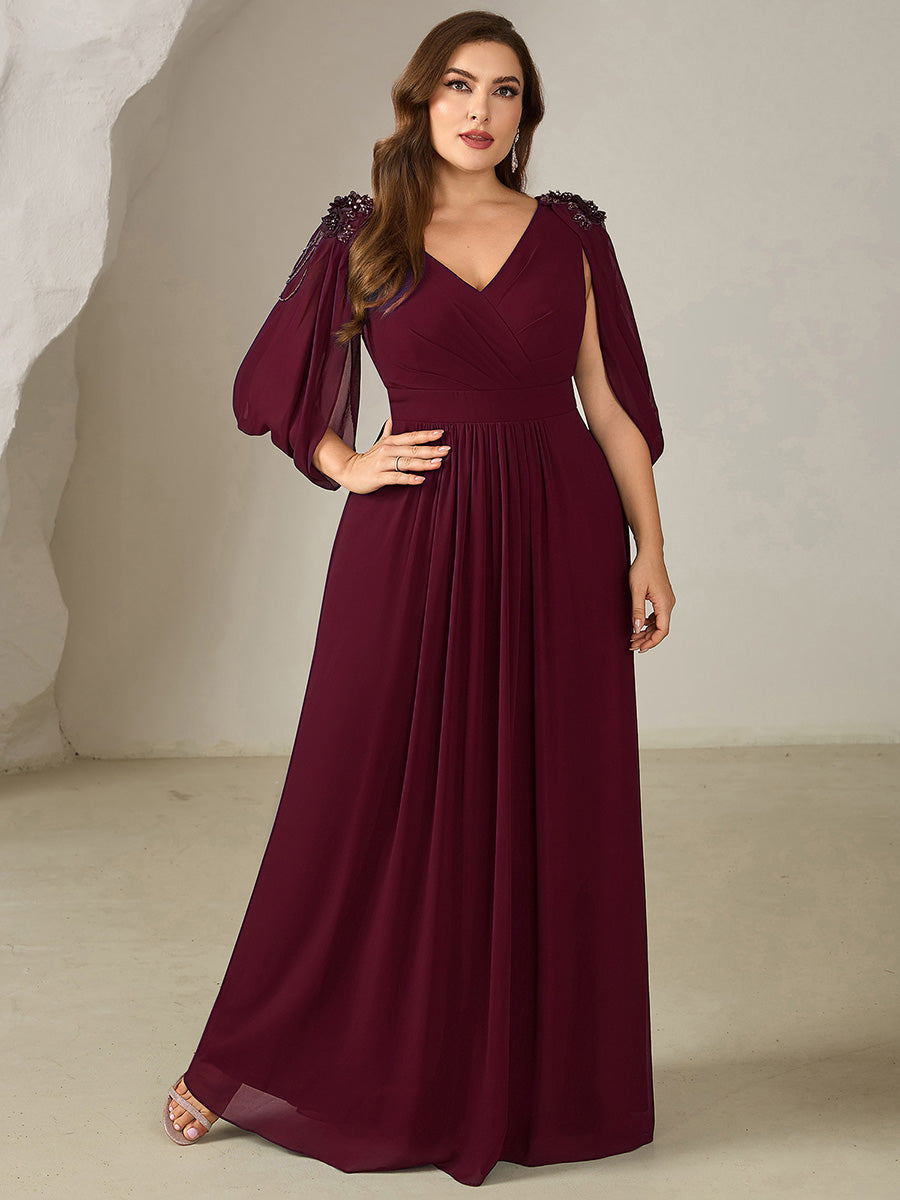 pretty LOLA|Plus Size Floral Chiffon See-Through Sleeve Evening Dress