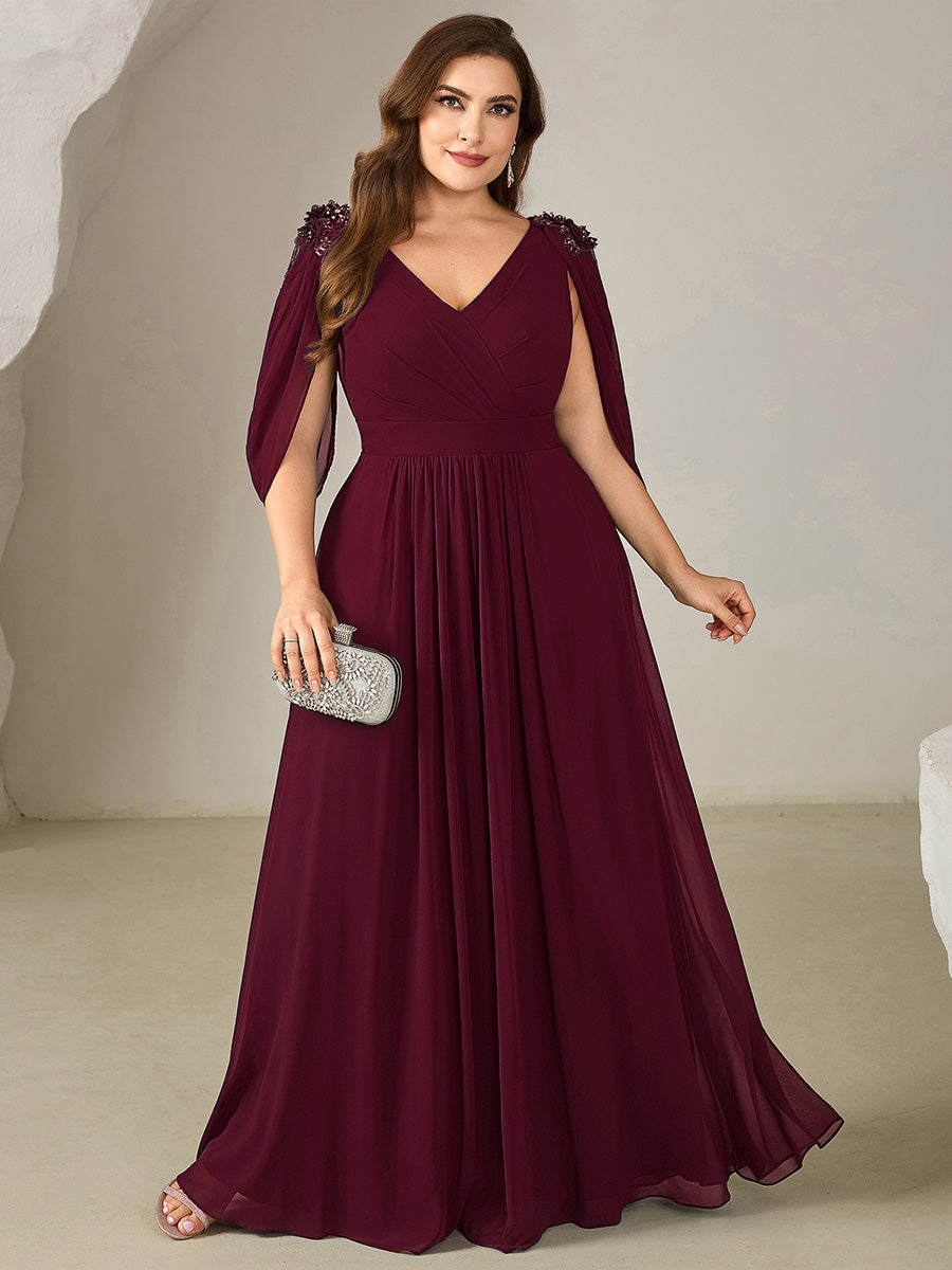 pretty LOLA|Plus Size Floral Chiffon See-Through Sleeve Evening Dress