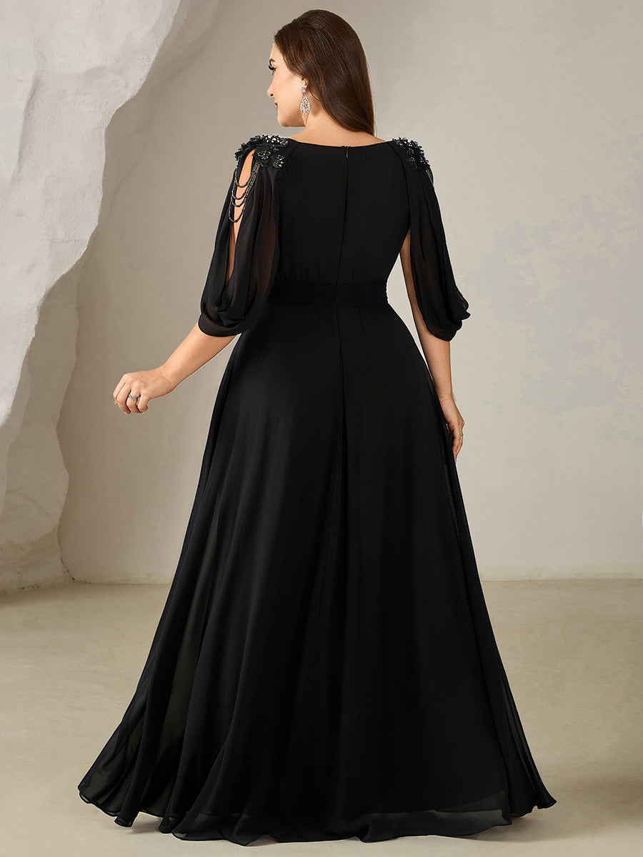 pretty LOLA|Plus Size Floral Chiffon See-Through Sleeve Evening Dress