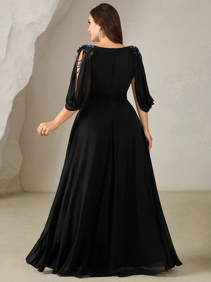 pretty LOLA|Plus Size Floral Chiffon See-Through Sleeve Evening Dress