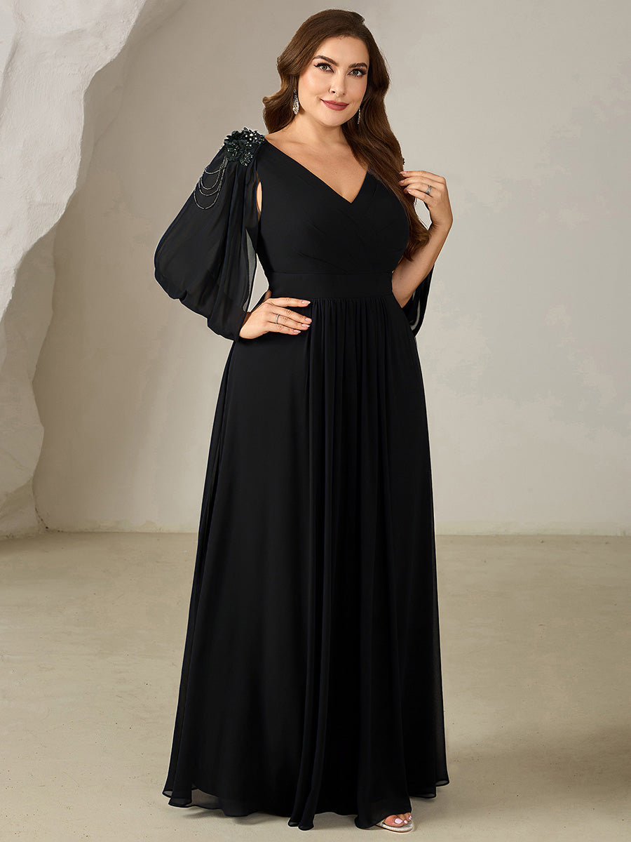 pretty LOLA|Plus Size Floral Chiffon See-Through Sleeve Evening Dress
