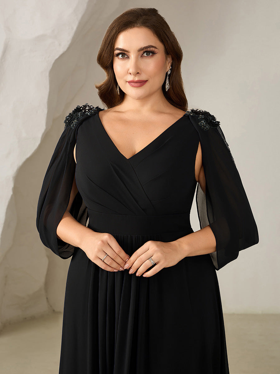 pretty LOLA|Plus Size Floral Chiffon See-Through Sleeve Evening Dress