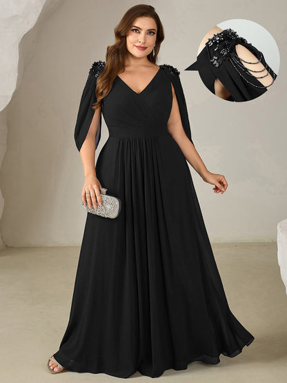 pretty LOLA|Plus Size Floral Chiffon See-Through Sleeve Evening Dress