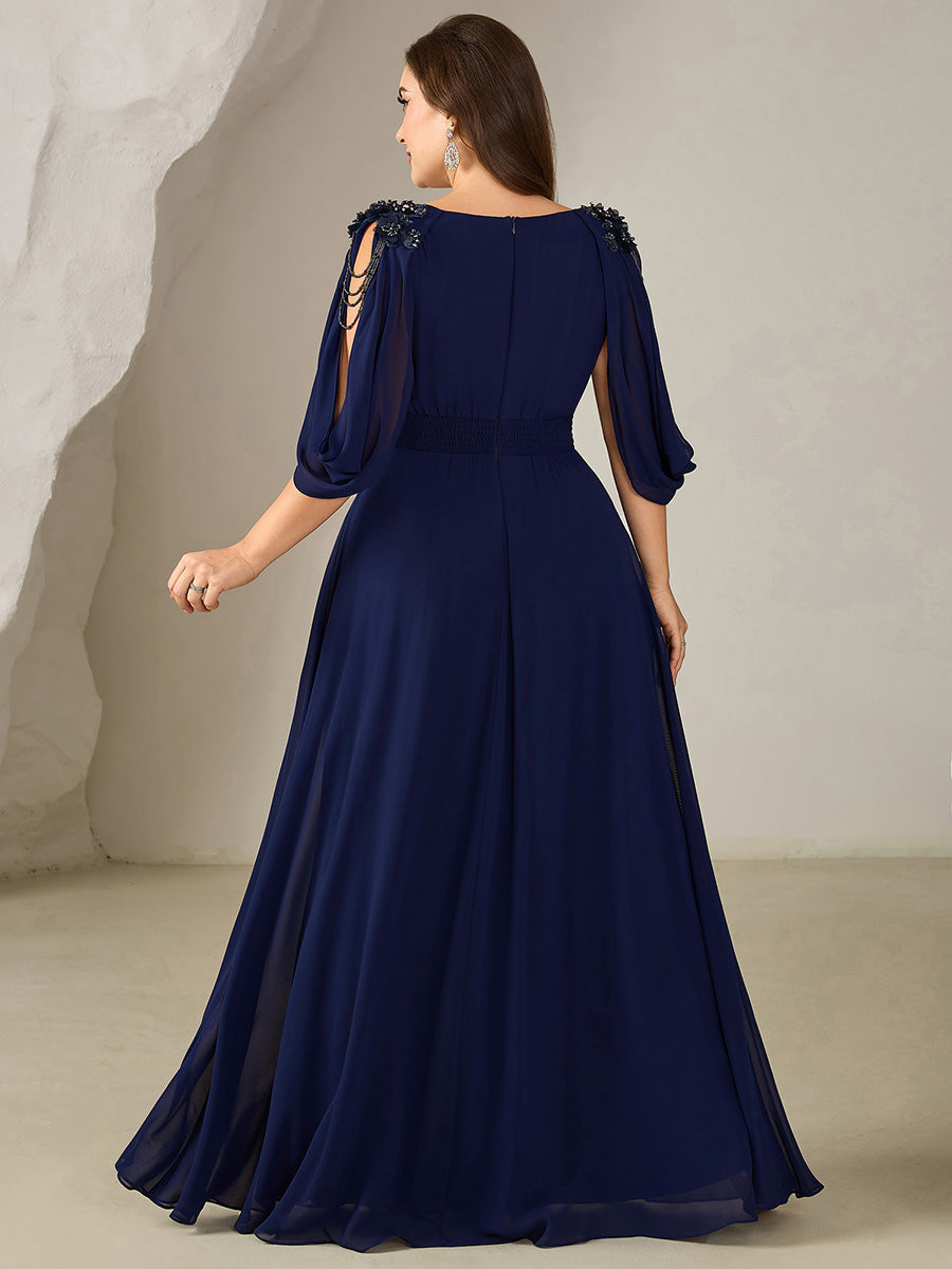 pretty LOLA|Plus Size Floral Chiffon See-Through Sleeve Evening Dress