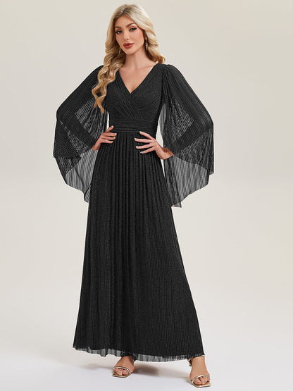 ever ISLA|Deep V-Neck Mesh Batwing Sleeve Evening Dress