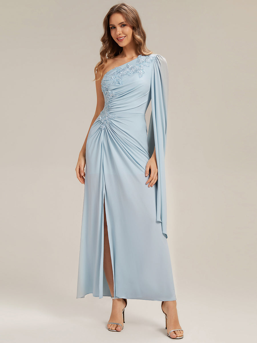 Flowing Ribbons Knit Cape Sleeve Evening Dress