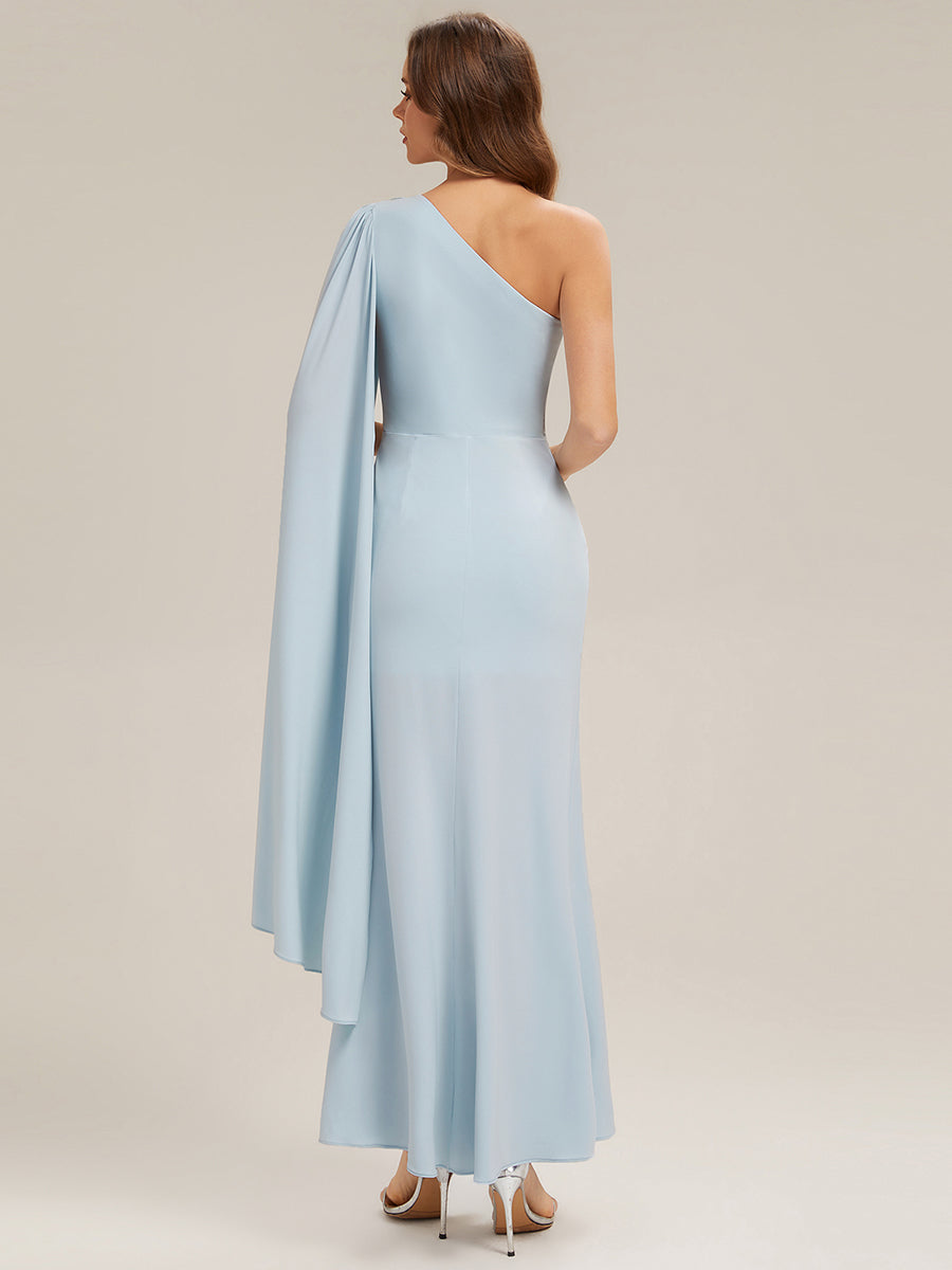 Flowing Ribbons Knit Cape Sleeve Evening Dress