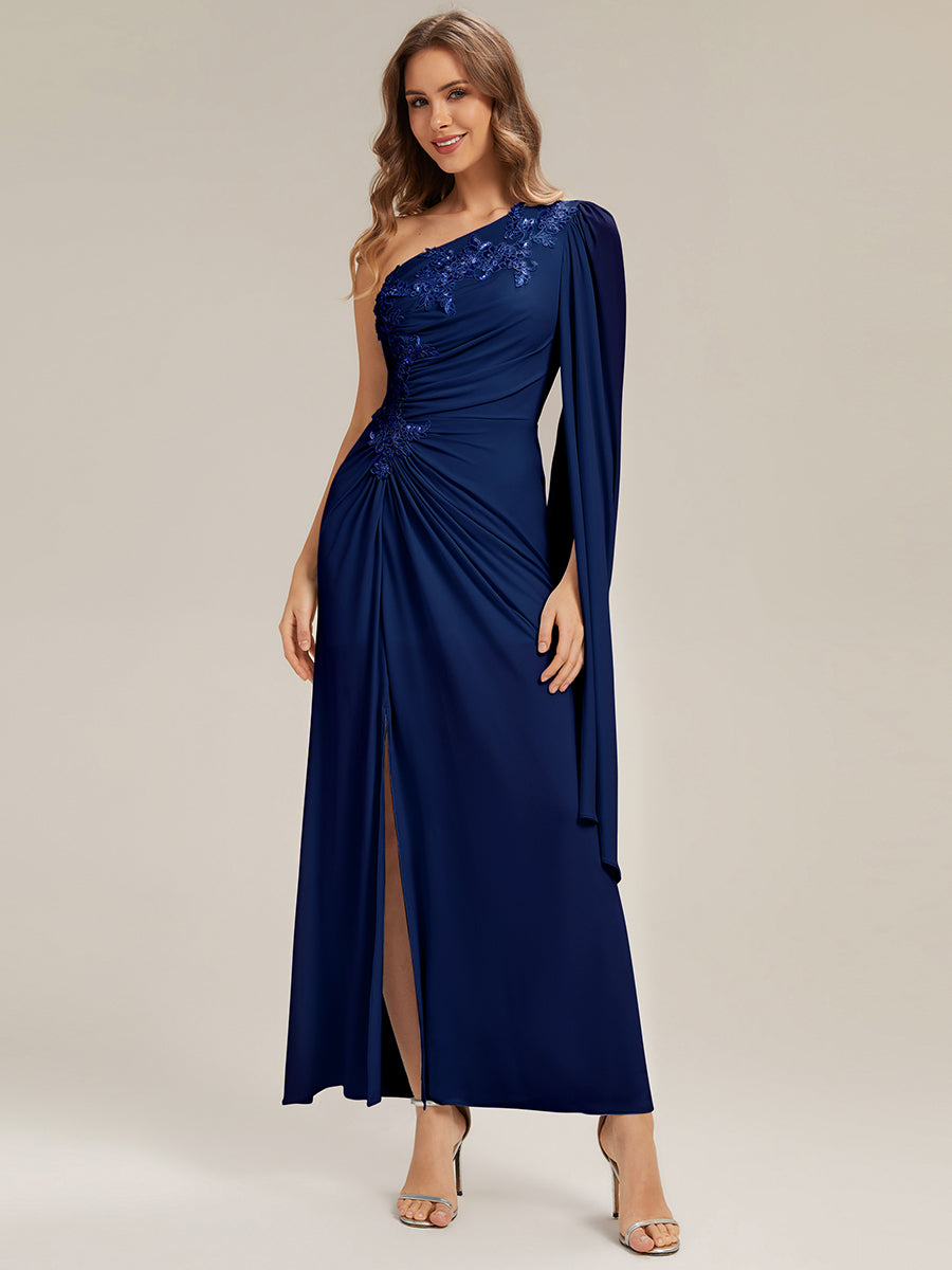 Flowing Ribbons Knit Cape Sleeve Evening Dress