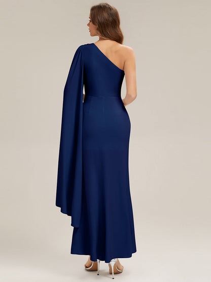 Flowing Ribbons Knit Cape Sleeve Evening Dress