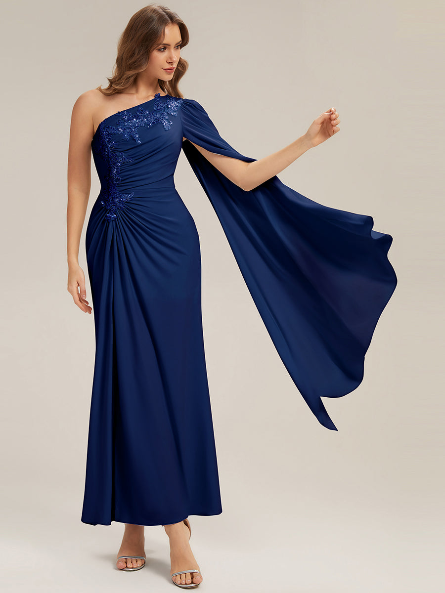 Flowing Ribbons Knit Cape Sleeve Evening Dress