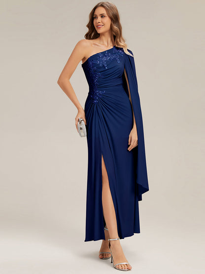 Flowing Ribbons Knit Cape Sleeve Evening Dress