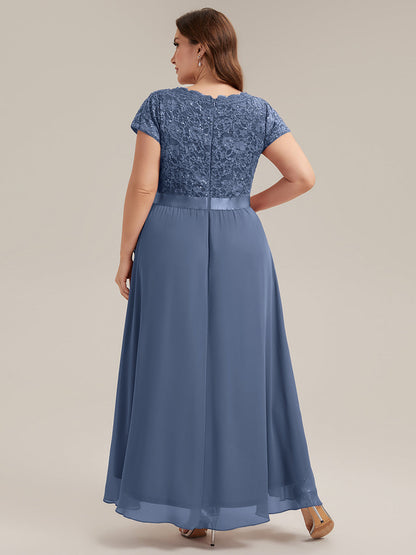 Deep V-Neck Lace Cap Sleeve Evening Dress