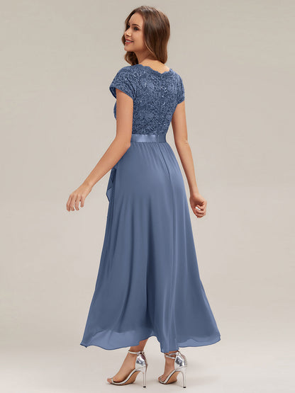 Deep V-Neck Lace Cap Sleeve Evening Dress