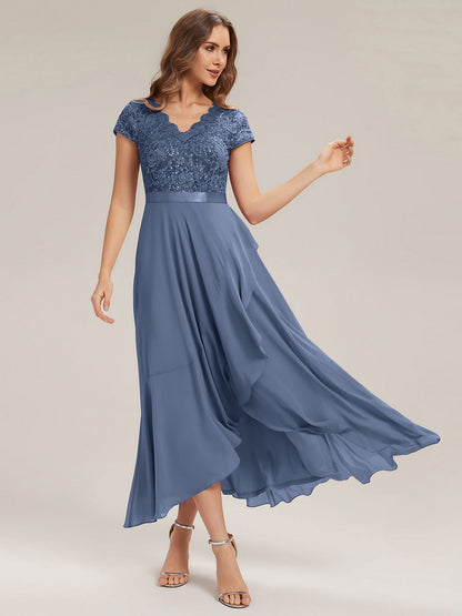 Deep V-Neck Lace Cap Sleeve Evening Dress