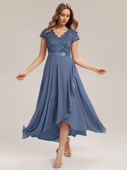 Deep V-Neck Lace Cap Sleeve Evening Dress