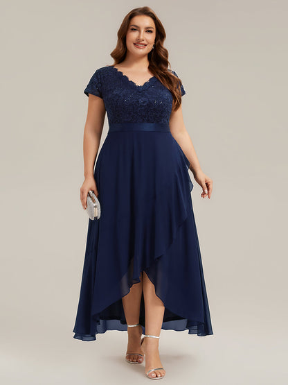 Deep V-Neck Lace Cap Sleeve Evening Dress