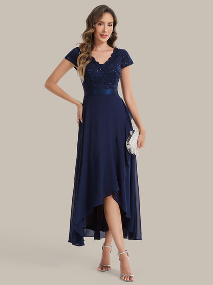 Deep V-Neck Lace Cap Sleeve Evening Dress