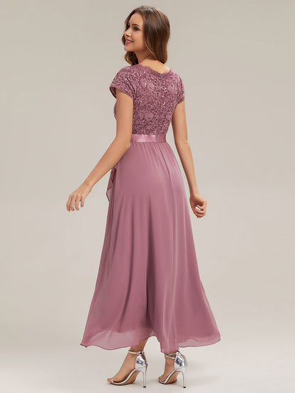 Deep V-Neck Lace Cap Sleeve Evening Dress
