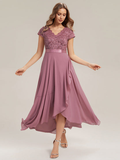 Deep V-Neck Lace Cap Sleeve Evening Dress