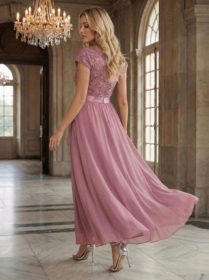 Deep V-Neck Lace Cap Sleeve Evening Dress