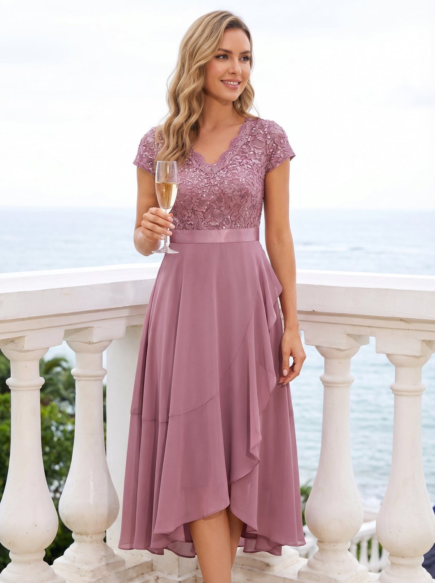 Deep V-Neck Lace Cap Sleeve Evening Dress