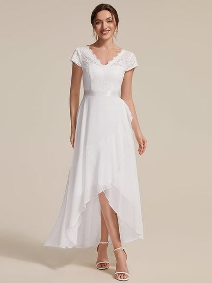 Deep V-Neck Lace Cap Sleeve Evening Dress