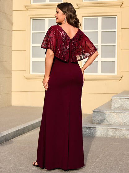 pretty KIRA|Plus Size Sequin Cape Sleeve V-Neck Mother of the Bride Dress