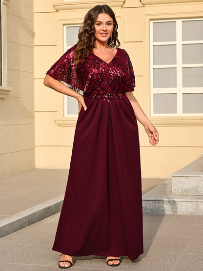 pretty KIRA|Plus Size Sequin Cape Sleeve V-Neck Mother of the Bride Dress