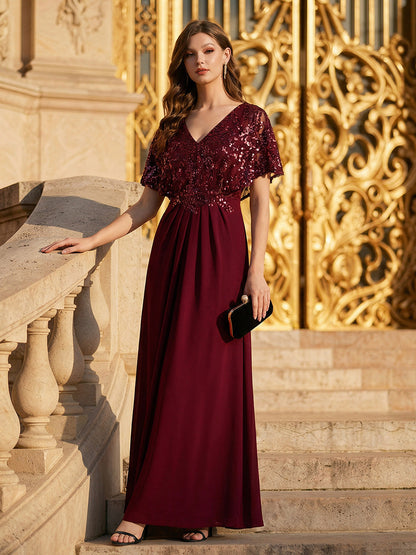 ever KIRA|Double V-Neck Sequin Batwing Sleeve Evening Dress