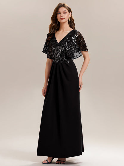 ever KIRA|Double V-Neck Sequin Batwing Sleeve Evening Dress