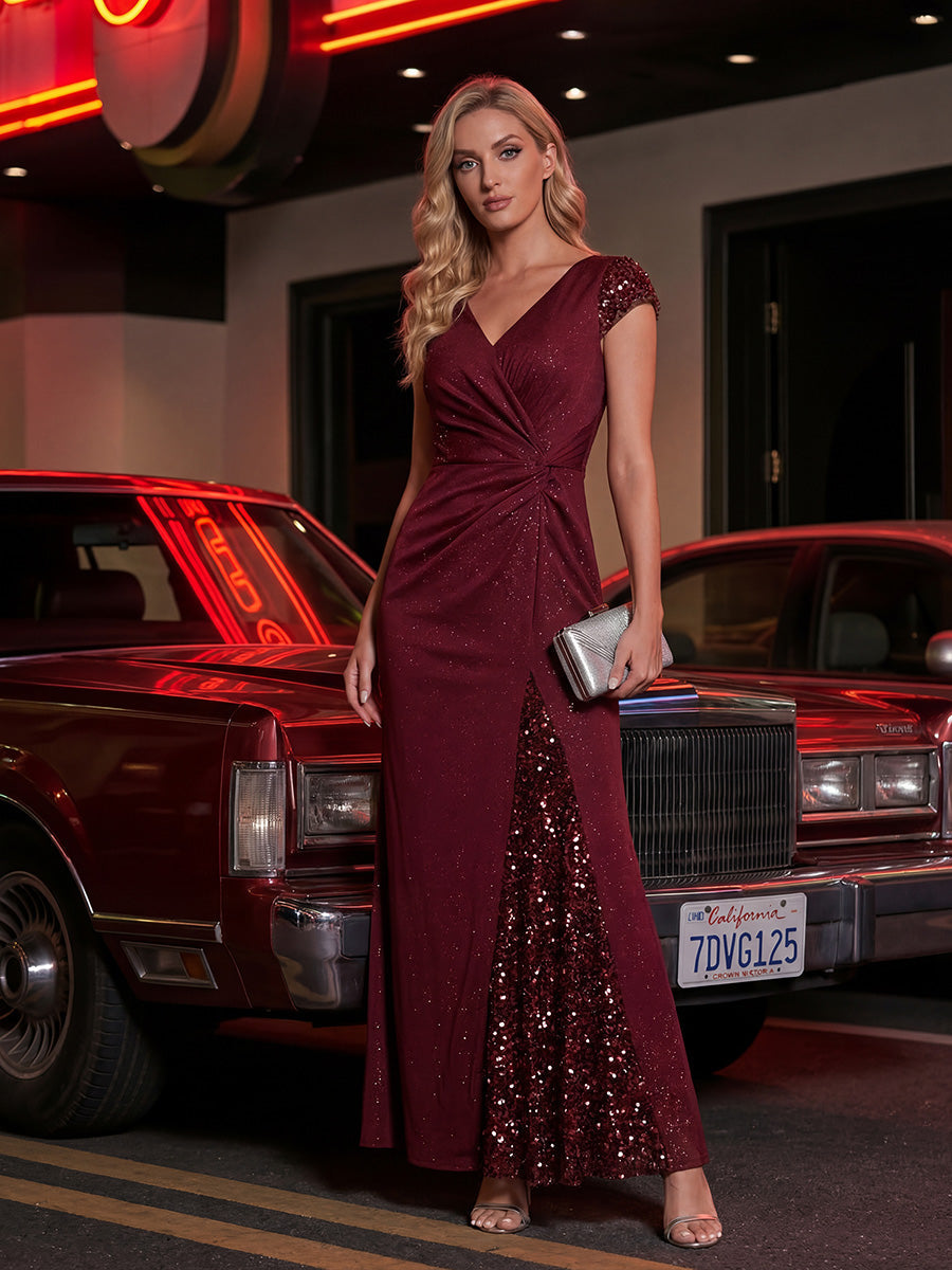ever KAIA|Knotted Knit Cap Sleeve Maxi Glitter Evening Dress