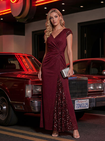 ever KAIA|Knotted Knit Cap Sleeve Maxi Glitter Evening Dress
