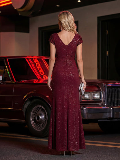 ever KAIA|Knotted Knit Cap Sleeve Maxi Glitter Evening Dress