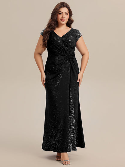pretty KAIA|Plus Size Knotted Knit Cap Sleeve Maxi Glitter Evening Dress