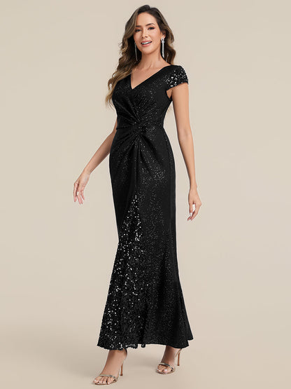 ever KAIA|Knotted Knit Cap Sleeve Maxi Glitter Evening Dress