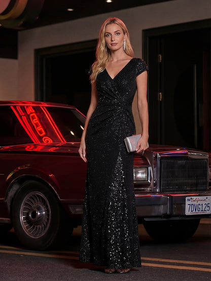 ever KAIA|Knotted Knit Cap Sleeve Maxi Glitter Evening Dress