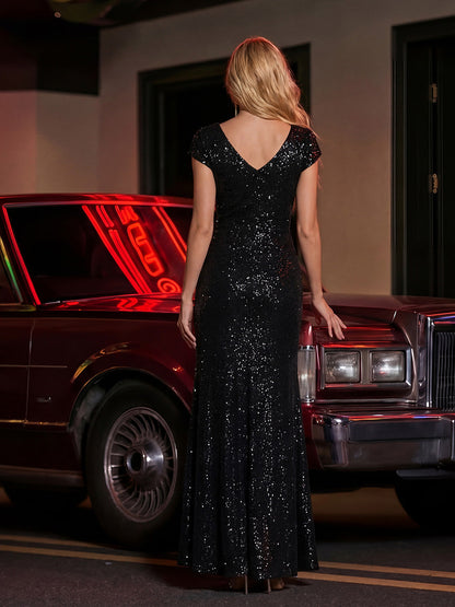 ever KAIA|Knotted Knit Cap Sleeve Maxi Glitter Evening Dress