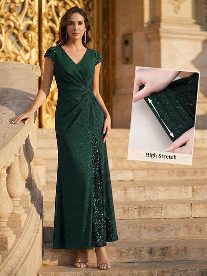 ever KAIA|Knotted Knit Cap Sleeve Maxi Glitter Evening Dress