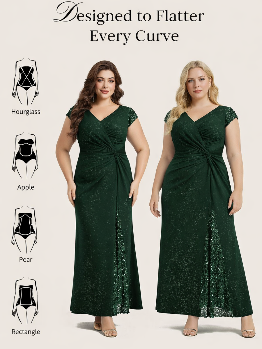 pretty KAIA|Plus Size Knotted Knit Cap Sleeve Maxi Glitter Evening Dress