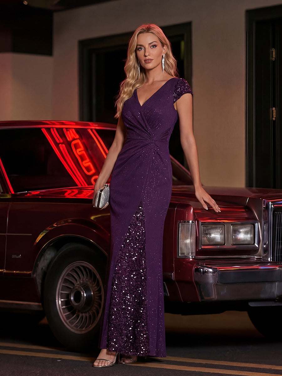 ever KAIA|Knotted Knit Cap Sleeve Maxi Glitter Evening Dress