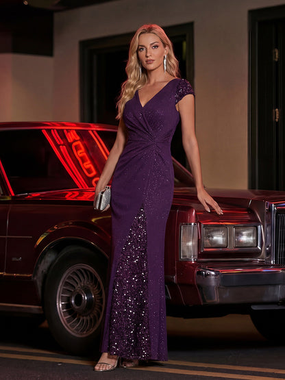ever KAIA|Knotted Knit Cap Sleeve Maxi Glitter Evening Dress