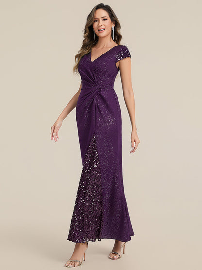 ever KAIA|Knotted Knit Cap Sleeve Maxi Glitter Evening Dress