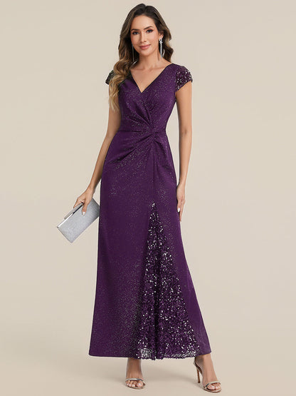 ever KAIA|Knotted Knit Cap Sleeve Maxi Glitter Evening Dress